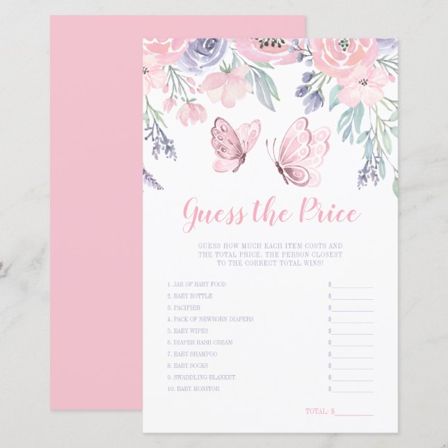 Lila Rosa Blommigt Butterfly Gissa Prist spel (Fram/baksida)