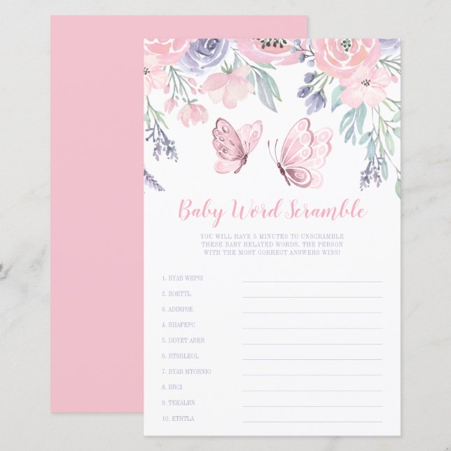 Lila Rosa Blommigt Butterfly Ord Scramble Game (Fram/baksida)