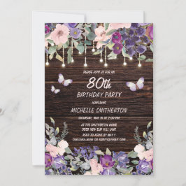 Lila Rosa Blommigt Butterfly Rustic 80:e födelseda Inbjudningar