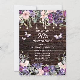 Lila Rosa Blommigt Butterfly Rustic 90:e födelseda Inbjudningar