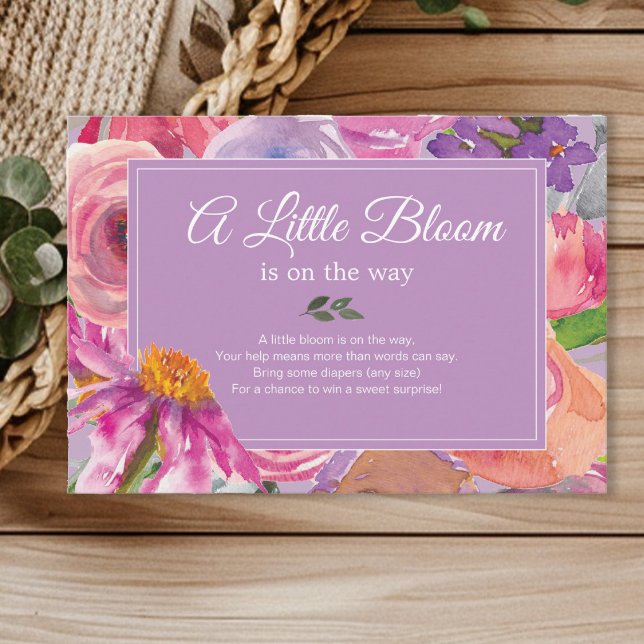 Lila Rosa Blommigt Diaper Raffle Baby Shower Tilläggskort (Pink and purple watercolor floral Diaper Raffle enclosure card)