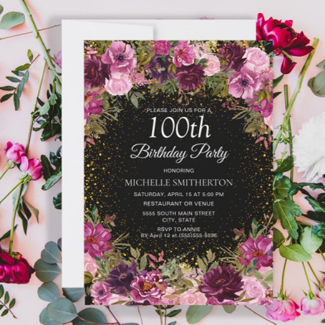 Lila Rosa Blommigt Glitter Black, 100:e födelsedag Inbjudningar (Pink and burgundy floral on black 100th birthday party invitation)