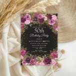 Lila Rosa Blommigt Glitter Black 50:e födelsedagen Inbjudningar<br><div class="desc">Elegant och romantisk rosa och lila vattenfärgad vintage ro/blommigt och löv på svart anpassningsbar 50:e födelsedagsfest inbjudan med guld glitter. Personlig med hedersgästens namn.</div>