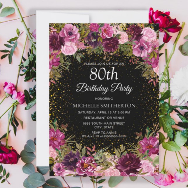 Lila Rosa Blommigt Glitter Black 80:e födelsedagen Inbjudningar (Pink and burgundy floral on black 80th birthday party invitation)