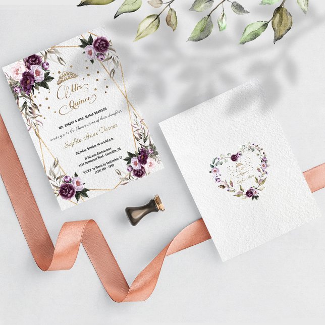 Lila Rosa Blommigt Guld Mis Quince Quinceañera Inbjudningar (Skapare uppladdad)