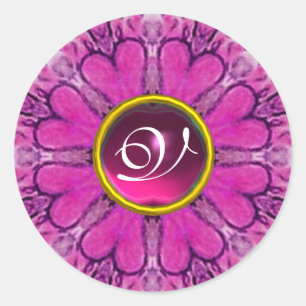 LILA ROSA BLOMMIGT HEARTS GEMSTONE MONOGRAM RUNT KLISTERMÄRKE