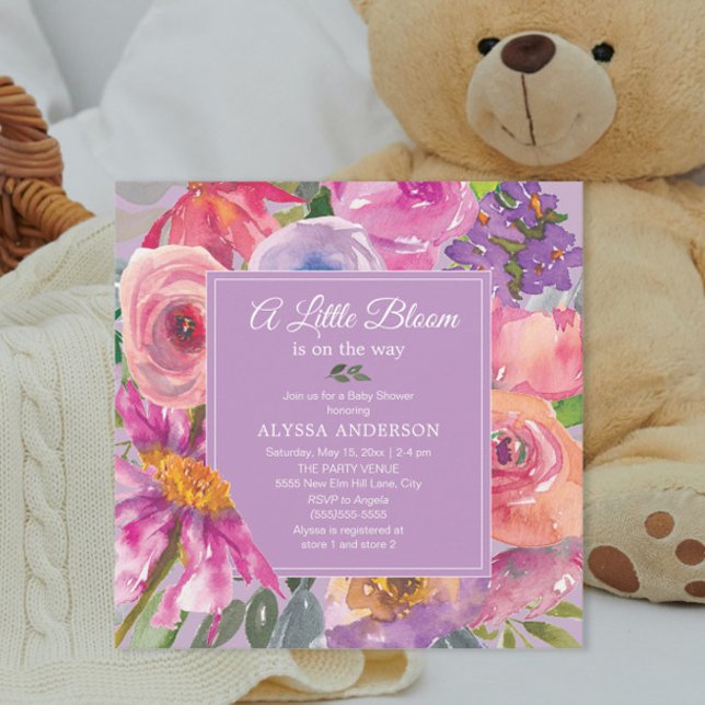 Lila Rosa Blommigt Little Bloom Baby Shower Inbjudningar (Pink and purple watercolor floral baby girl "A little bloom is on the way" baby shower invitation)