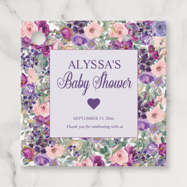 Lila Rosa Blommigt Little Girl Baby Shower Gåvor Etiketter (Framsida)