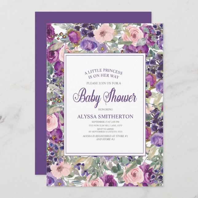 Lila Rosa Blommigt Little Girl Baby Shower Inbjudningar (Fram/baksida)