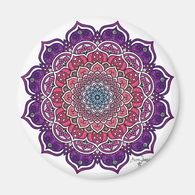 Lila-Rosa Blommigt Mandala Magnet (Framsidan)