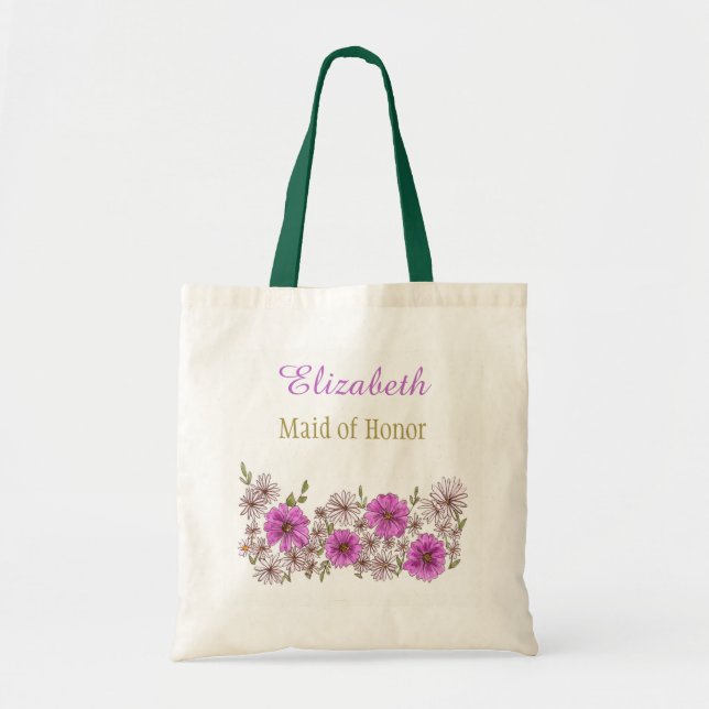 Lila Rosa Blommigt Möhippa Bridesmaid med Namn Tygkasse (Framsidan)