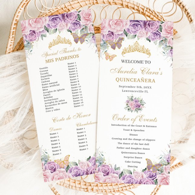 Lila Rosa Blommigt Quinceañera Order of Events Program (purple lilac lavender and pale pink roses floral quinceanera order of events padrinos program cards)