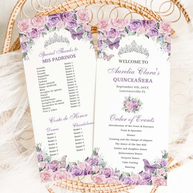 Lila Rosa Blommigt Quinceañera Order of Events Program (Skapare uppladdad)