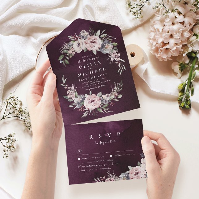Lila rosa blommigt rustic boho bröllop (Purple pink watercolor floral rustic boho wedding all in one invitation)