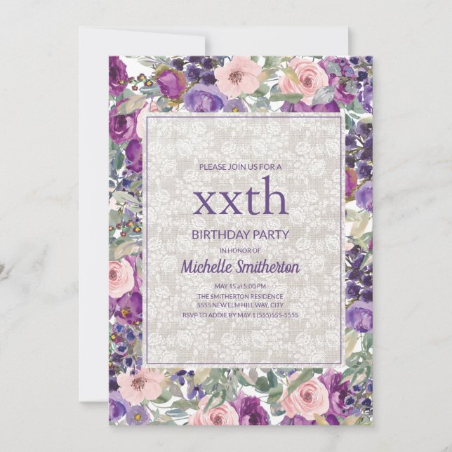 Lila Rosa Blommigt Snöre vid födelsedag Inbjudningar (Framsida)