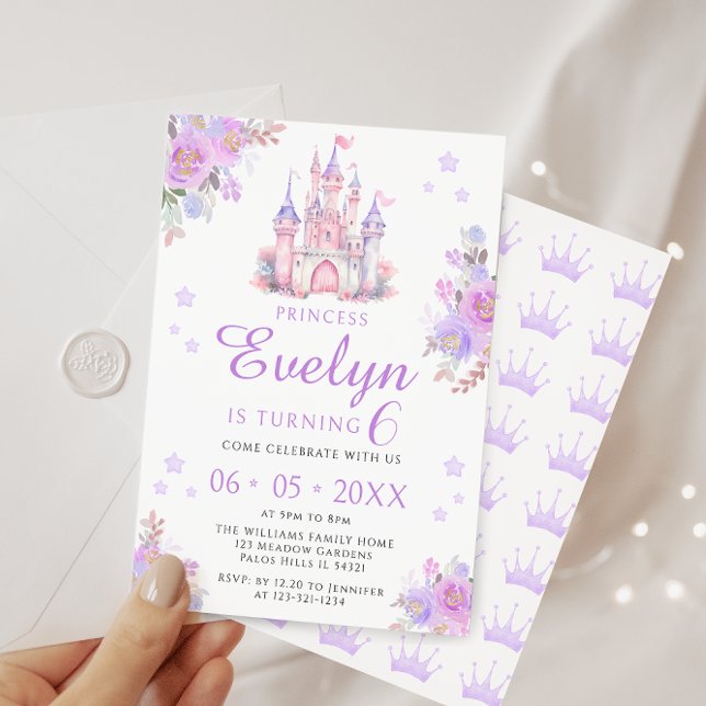 Lila rosa blommigt Söt prinsessa födelsedagskalas Inbjudningar (Skapare uppladdad)