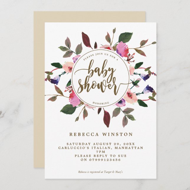 lila rosa blommigt Utandningsbabydusch inbjudan (Fram/baksida)