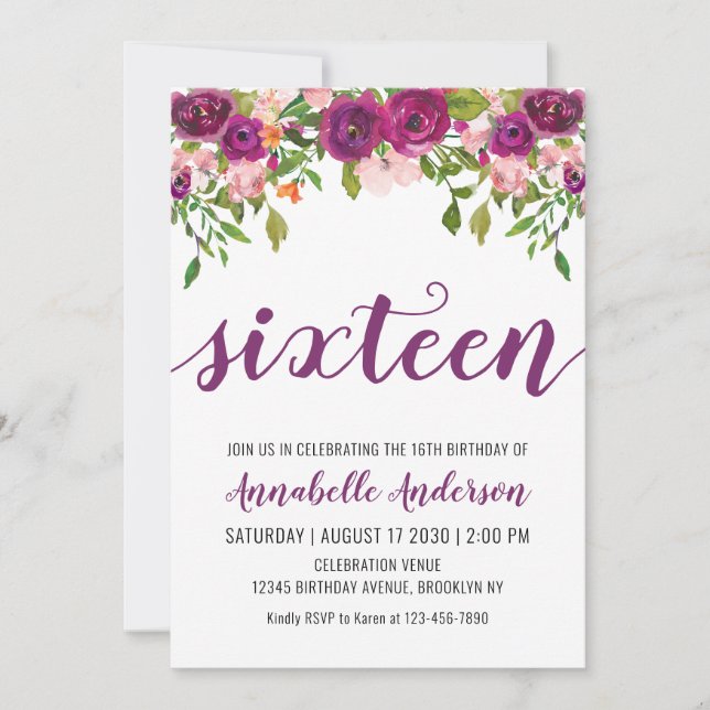 Lila Rosa  Blommigt Vattenfärg 16:e födelsedagen Inbjudningar (Framsida)