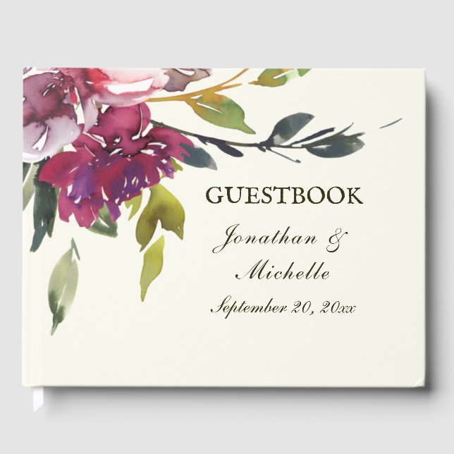 Lila Rosa Blommigt Vattenfärg Bible Verse Bröllop Gästböcker (Framsida)