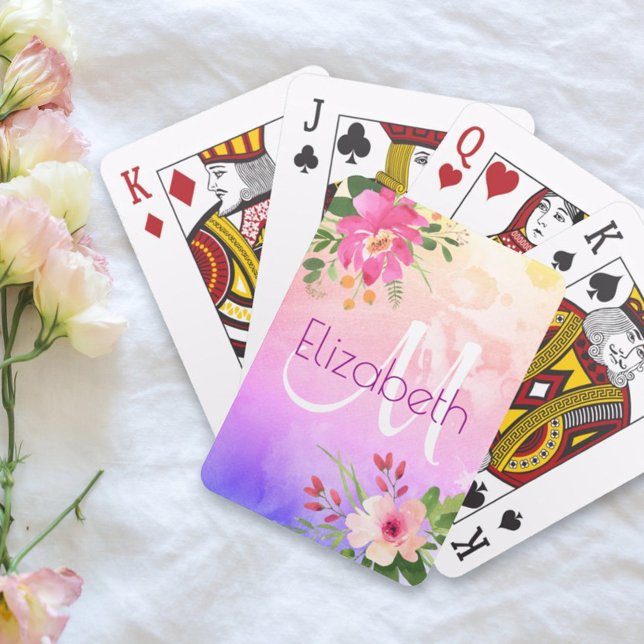 Lila Rosa Blommigt Vattenfärgens Chic Modern Monog Casinokort (Skapare uppladdad)