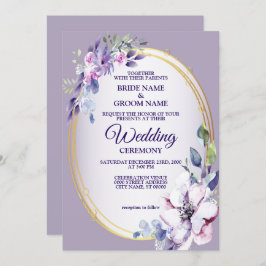 Lila Rosa Blommigt Watercolor Golden Bröllop Inbjudningar