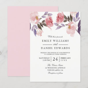 Lila Rosa Blommigt Watercolor Wedding bjudande in Inbjudningar