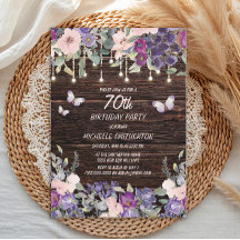 Lila Rosa Blommor Fjärilar Rustik Trä 70-årsfirand