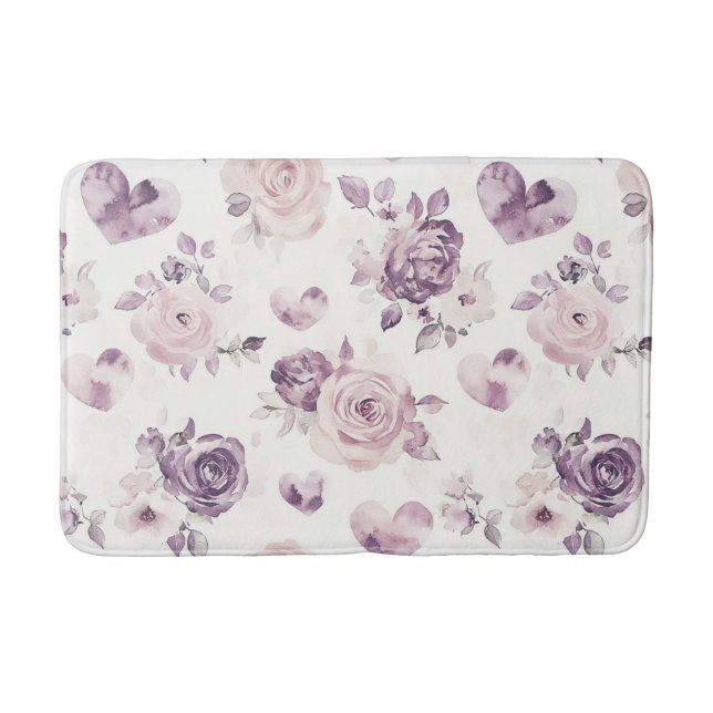 Lila Rosa Blommor & Hjärtan   Badrumsmatta (Framsidan)