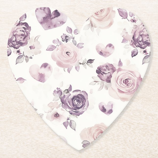 Lila Rosa Blommor & Hjärtan Bröllopsdusch Underlägg Papper (Framsida)