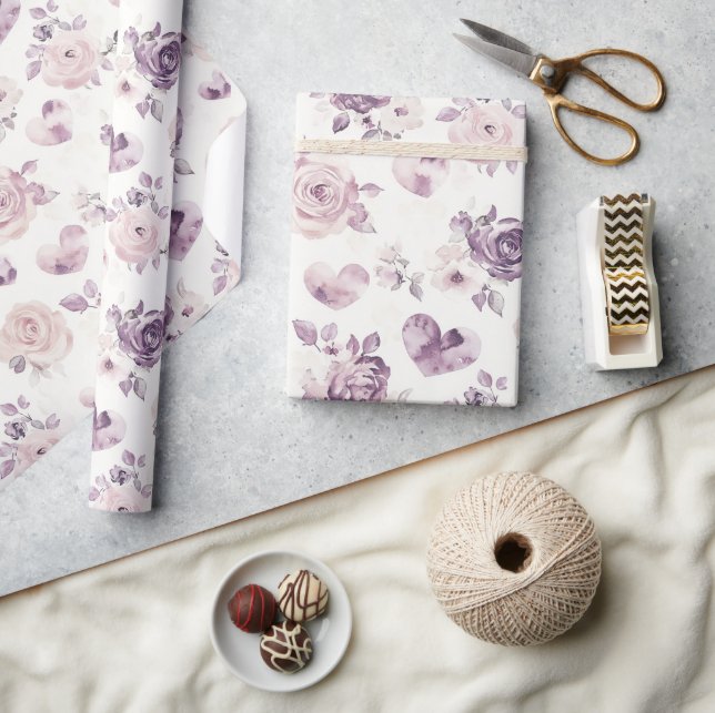 Lila Rosa Blommor & Hjärtan Födelsedag Presentpapper (Hantverk)