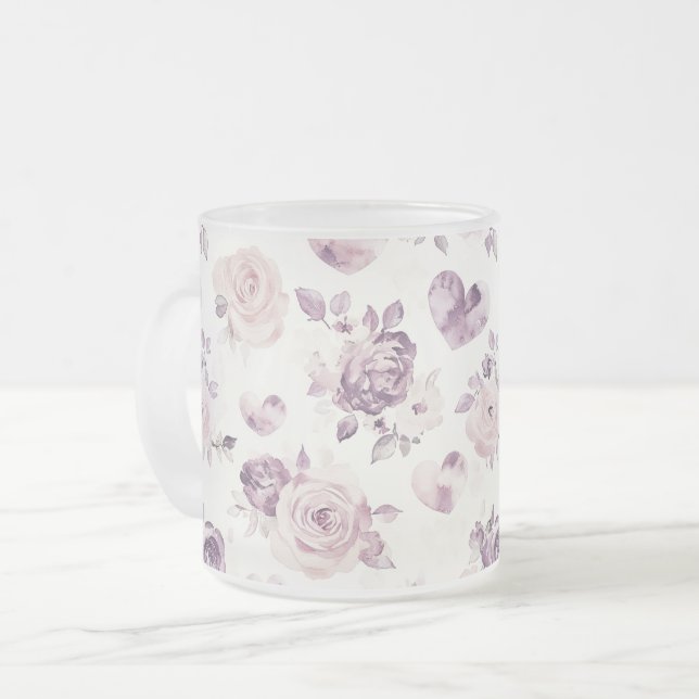 Lila Rosa Blommor & Hjärtan   Frostad Glasmugg (Framsida vänster)