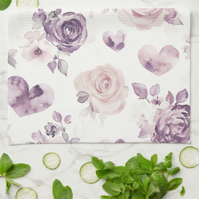 Lila Rosa Blommor & Hjärtan   Kökshandduk (Vikta)
