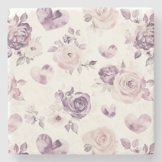 Lila Rosa Blommor & Hjärtan Stenunderlägg (Framsidan)