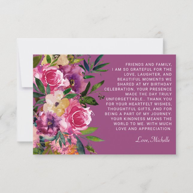 Lila Rosa Blommor Kvinnors Födelsedag Tack Kort (Framsida)