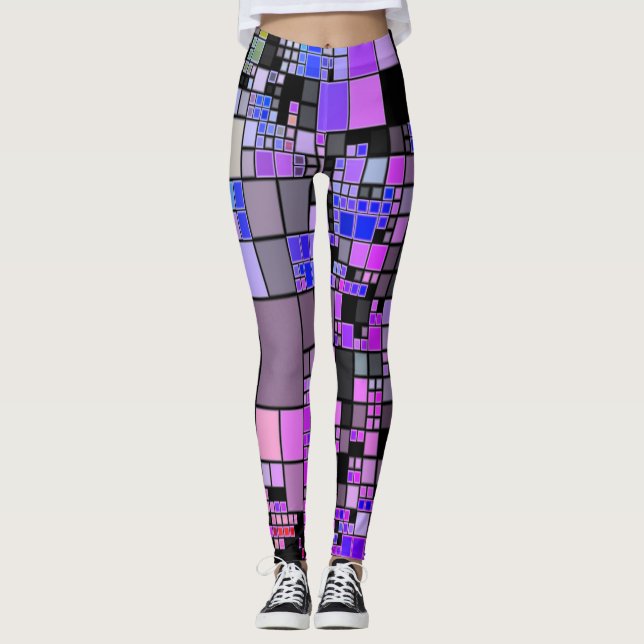 Lila rosa Blue Black geometric art coola Leggings (Framsida)