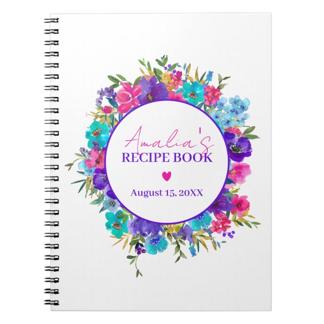 Lila Rosa Blue Blommigt Recipe Bok Anteckningsbok (Framsidan)