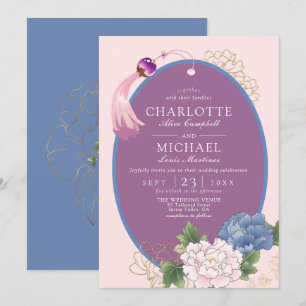 Lila Rosa Blue Chinoiserie Peony Tassel Bröllop Inbjudningar
