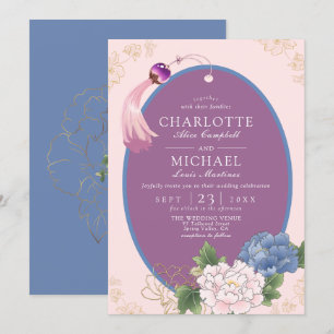 Lila Rosa Blue Chinoiserie Peony Tassel Bröllop Inbjudningar