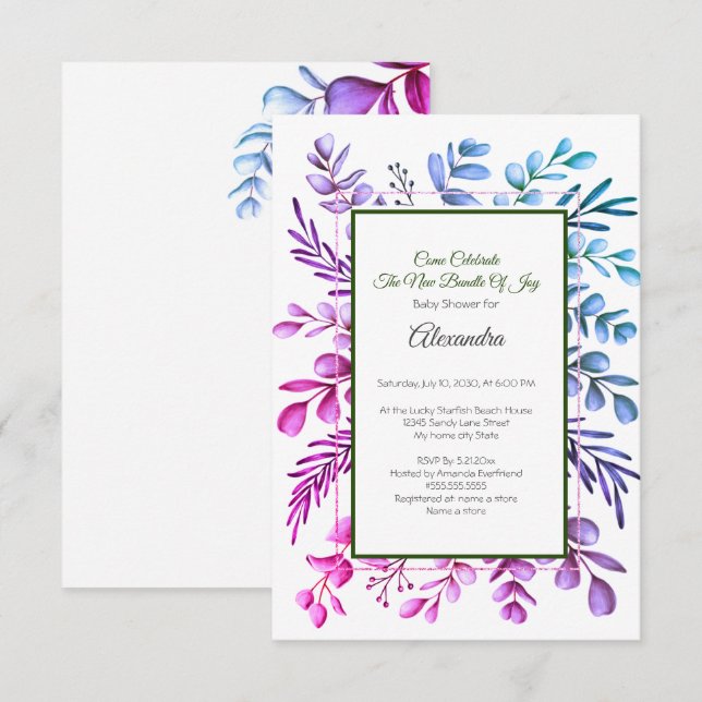 Lila Rosa Blue Eucalyptus Baby Shower-inbjudan (Fram/baksida)