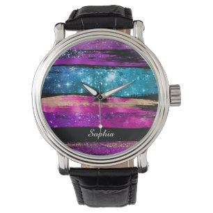 Lila Rosa Blue Glitter Stars Brush Streck Namn Armbandsur