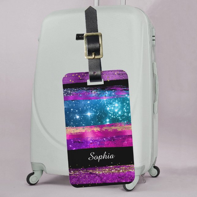 Lila Rosa Blue Glitter Stars Brush Streck Namn Bagagebricka (Skapare uppladdad)