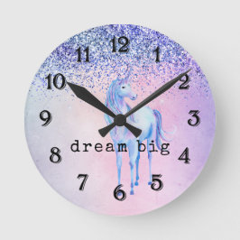 Lila Rosa Blue Ombre Unicorn Glitter Rund Klocka