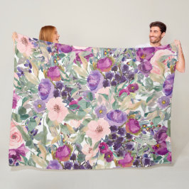 Lila Rosa Boho Akvarell Blommor Fleecefilt