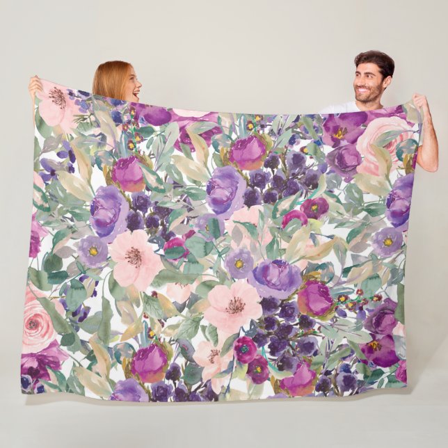 Lila Rosa Boho Akvarell Blommor Fleecefilt (På plats)