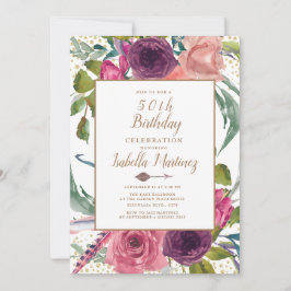 Lila Rosa Boho Fjäder Blommig Guld 50-årsfirande Inbjudningar