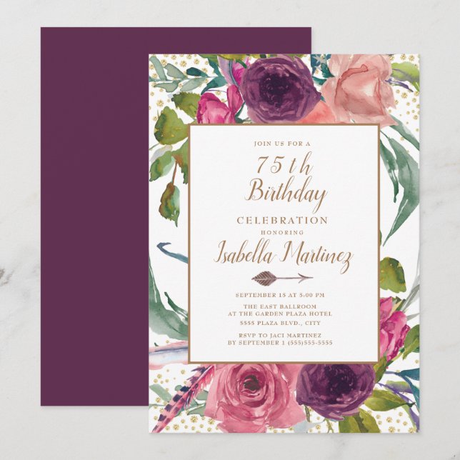 Lila Rosa Boho Fjäder Blommig Guld 75-årsdag Inbjudningar (Fram/baksida)