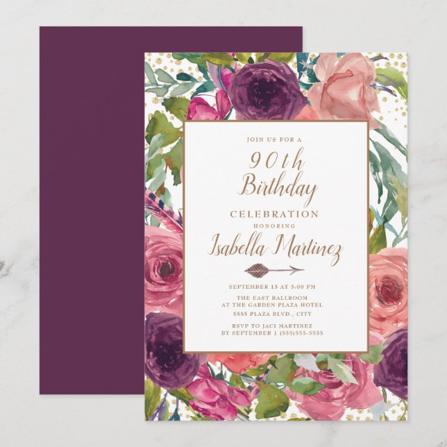 Lila Rosa Boho Fjäder Blommig Guld 90-årsdag Inbjudningar (Fram/baksida)