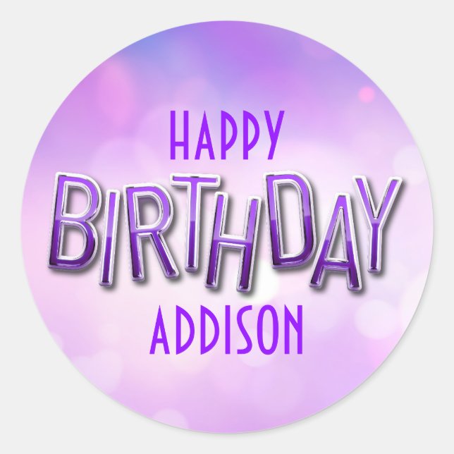 Lila Rosa Bokeh Birthday Runt Klistermärke (Framsida)