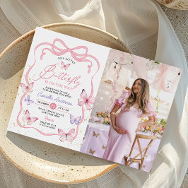 Lila Rosa Bow Butterfly Girl Baby Shower Photo Inbjudningar