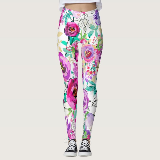 Lila Rosa Bright färgstark, fetstilt modern Blommi Leggings (Framsida)
